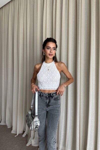Arka Fermuarlı Dantel Detaylı Bluz - Beyaz - MAT Collection