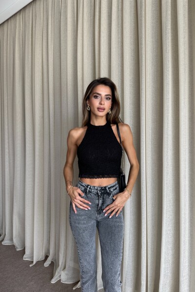 Arka Fermuarlı Dantel Detaylı Bluz - Siyah - MAT Collection