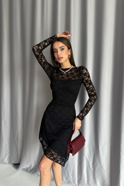 Astarlı Dantelli Sırt Dekolteli Asimetrik Elbise - Siyah - 3
