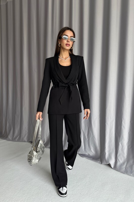 Astarlı Kuşaklı Tek Düğme Blazer Takım - Siyah - 2