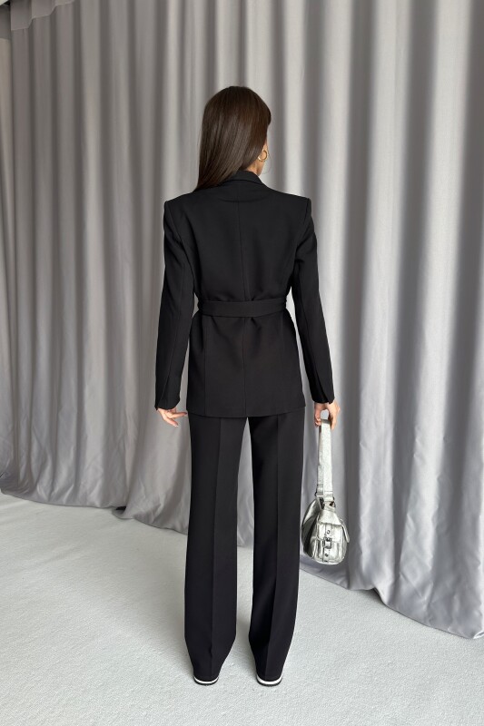 Astarlı Kuşaklı Tek Düğme Blazer Takım - Siyah - 5