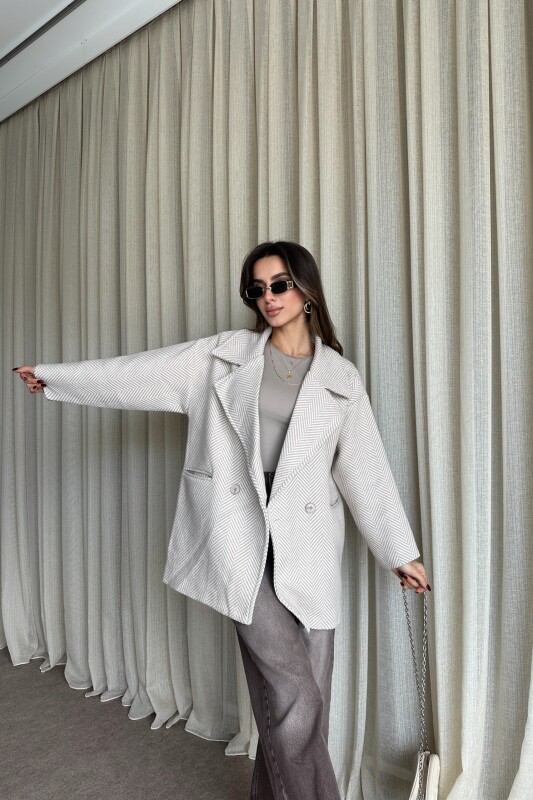 Balık Sırtı Desenli Oversize Kaban - Bej - 1