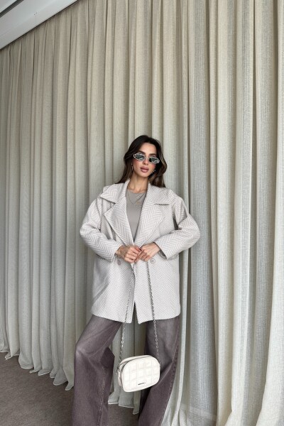 Balık Sırtı Desenli Oversize Kaban - Bej - 2