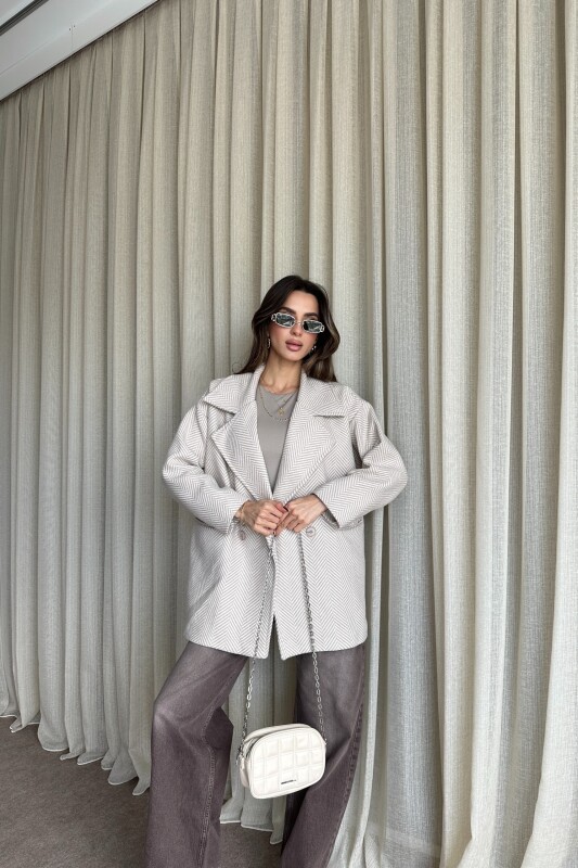 Balık Sırtı Desenli Oversize Kaban - Bej - 2