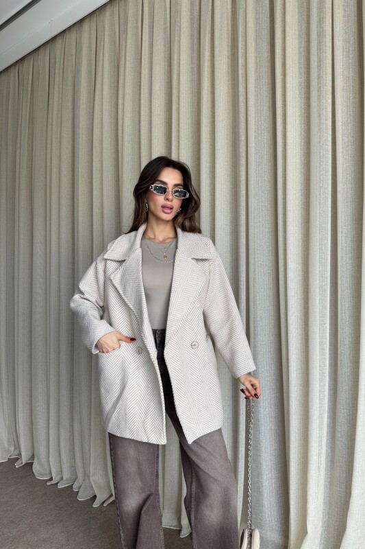 Balık Sırtı Desenli Oversize Kaban - Bej - 3