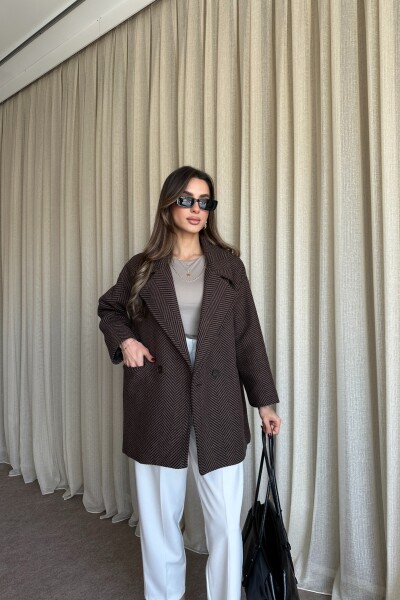 Balık Sırtı Desenli Oversize Kaban - Kahve - 2