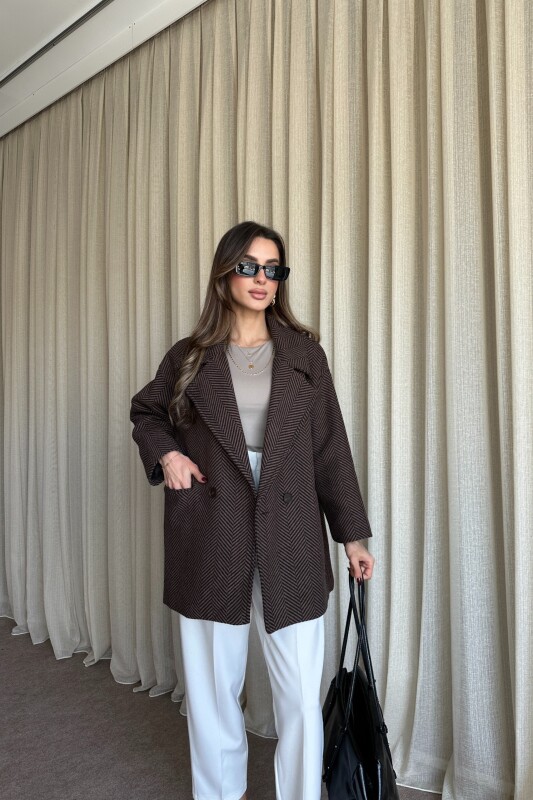 Balık Sırtı Desenli Oversize Kaban - Kahve - 2