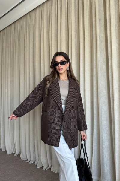 Balık Sırtı Desenli Oversize Kaban - Kahve - 3