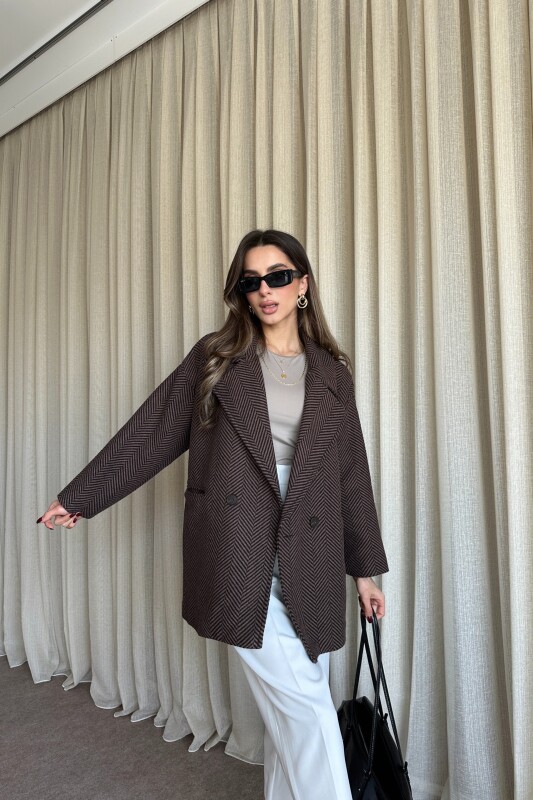 Balık Sırtı Desenli Oversize Kaban - Kahve - 3