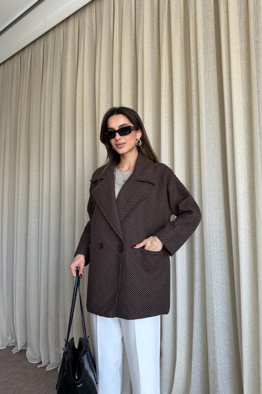 Balık Sırtı Desenli Oversize Kaban - Kahve - 4