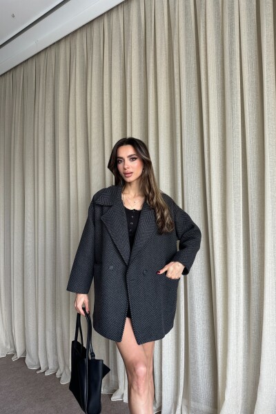 Balık Sırtı Desenli Oversize Kaban - Siyah - MAT Collection