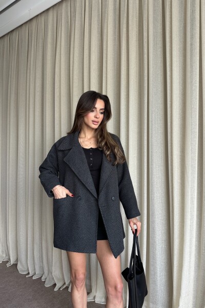 Balık Sırtı Desenli Oversize Kaban - Siyah - 2