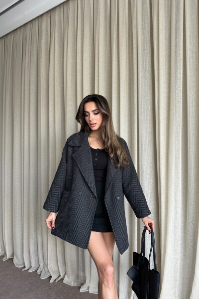 Balık Sırtı Desenli Oversize Kaban - Siyah - 3