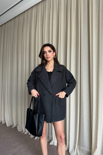 Balık Sırtı Desenli Oversize Kaban - Siyah - 4