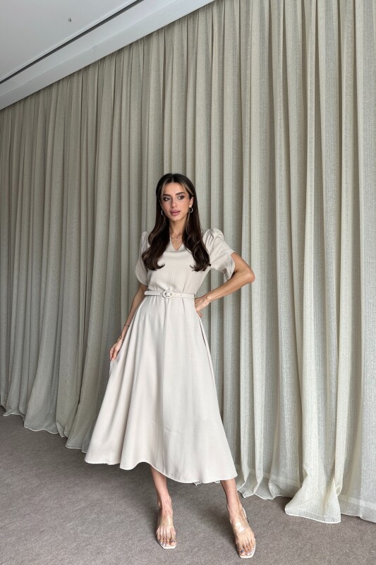 Balon Kol Kemerli Uzun Elbise - Bej - 1