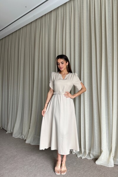 Balon Kol Kemerli Uzun Elbise - Bej - 2