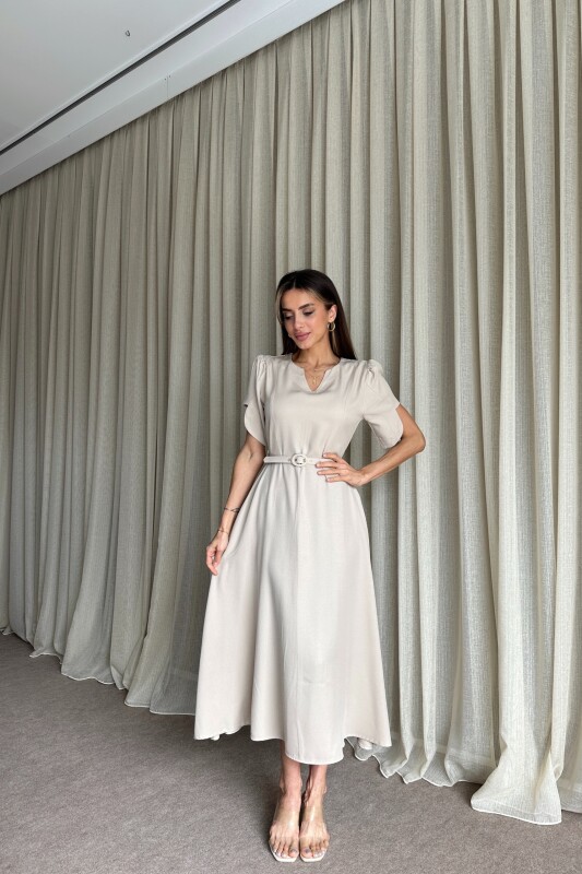 Balon Kol Kemerli Uzun Elbise - Bej - 2