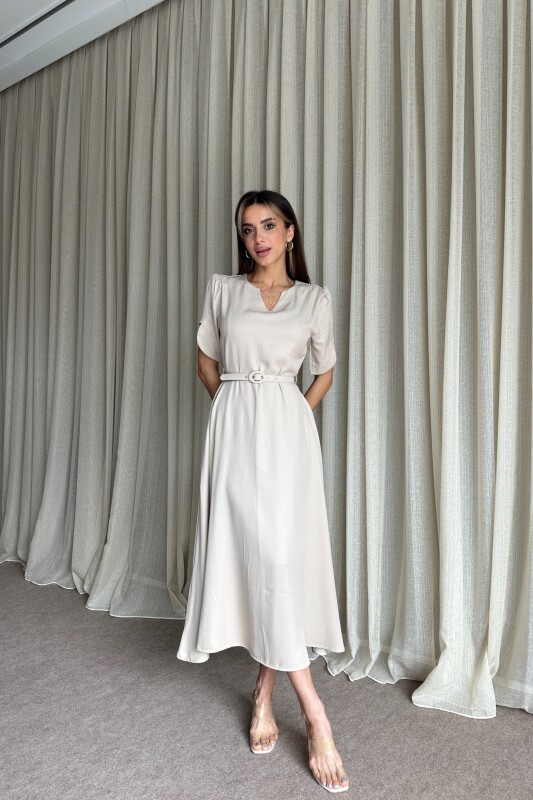 Balon Kol Kemerli Uzun Elbise - Bej - 3