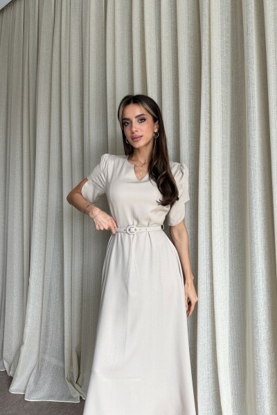 Balon Kol Kemerli Uzun Elbise - Bej - 4