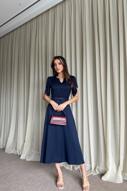 Balon Kol Kemerli Uzun Elbise - Lacivert - 1