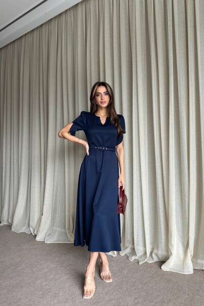Balon Kol Kemerli Uzun Elbise - Lacivert - 2