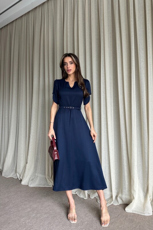 Balon Kol Kemerli Uzun Elbise - Lacivert - 3
