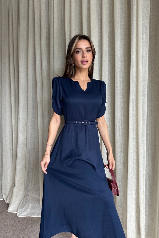 Balon Kol Kemerli Uzun Elbise - Lacivert - 4