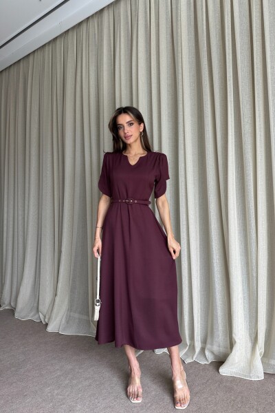 Balon Kol Kemerli Uzun Elbise - Mürdüm - MAT Collection