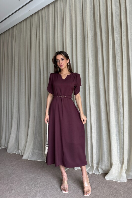 Balon Kol Kemerli Uzun Elbise - Mürdüm - 1