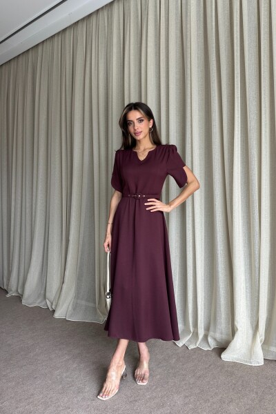 Balon Kol Kemerli Uzun Elbise - Mürdüm - 2