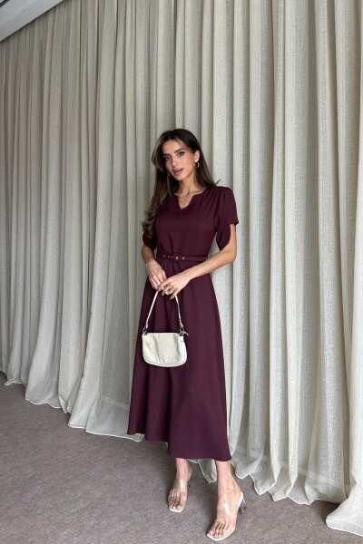 Balon Kol Kemerli Uzun Elbise - Mürdüm - 3