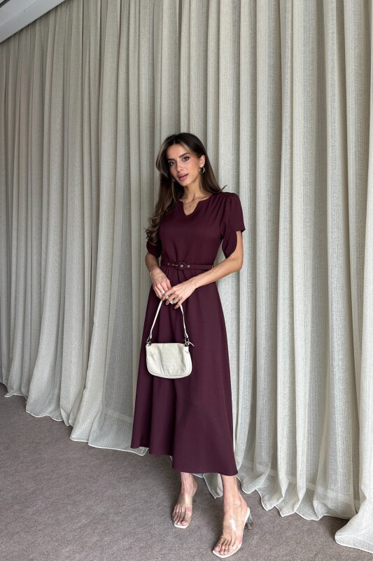 Balon Kol Kemerli Uzun Elbise - Mürdüm - 3