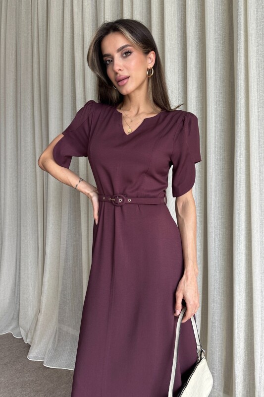 Balon Kol Kemerli Uzun Elbise - Mürdüm - 4