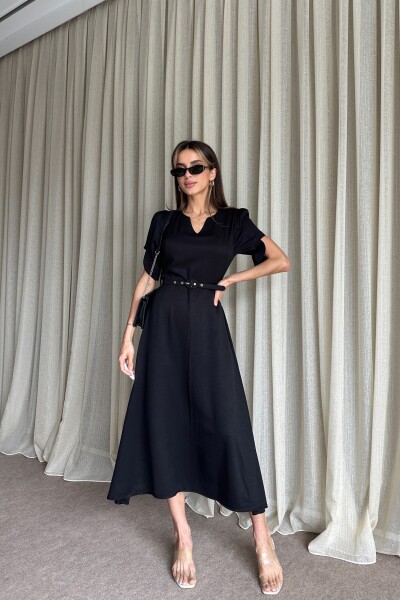 Balon Kol Kemerli Uzun Elbise - Siyah - MAT Collection
