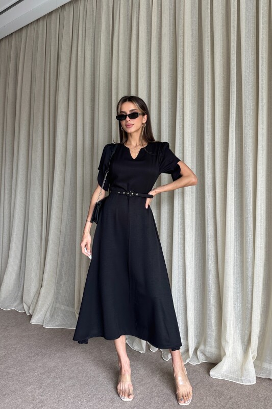 Balon Kol Kemerli Uzun Elbise - Siyah - 1