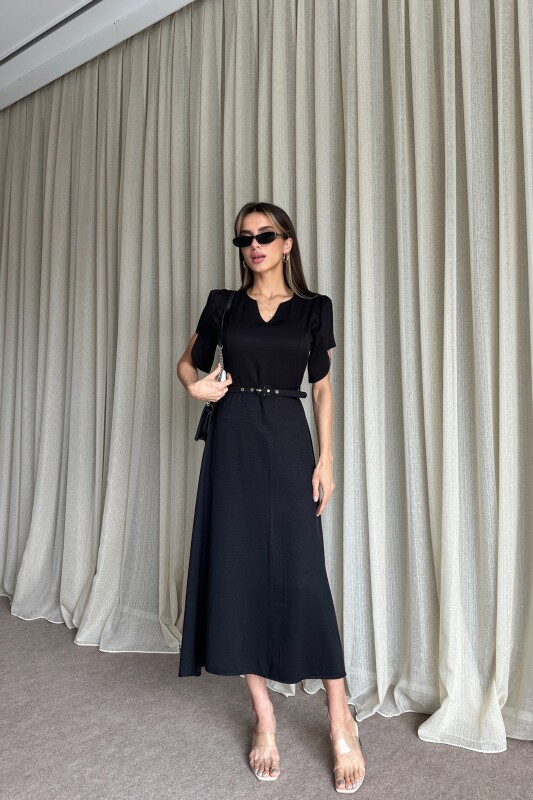 Balon Kol Kemerli Uzun Elbise - Siyah - 2