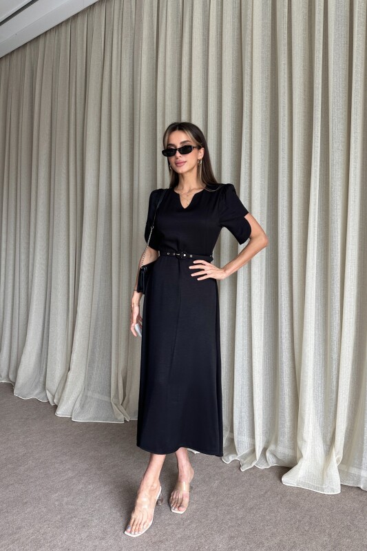 Balon Kol Kemerli Uzun Elbise - Siyah - 3