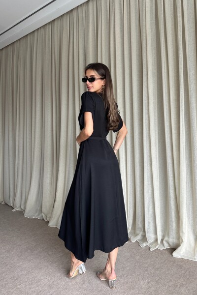 Balon Kol Kemerli Uzun Elbise - Siyah - 4