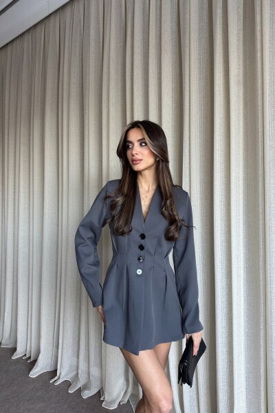 Belden Oturtmalı Düğmeli Blazer Ceket - Gri - 2