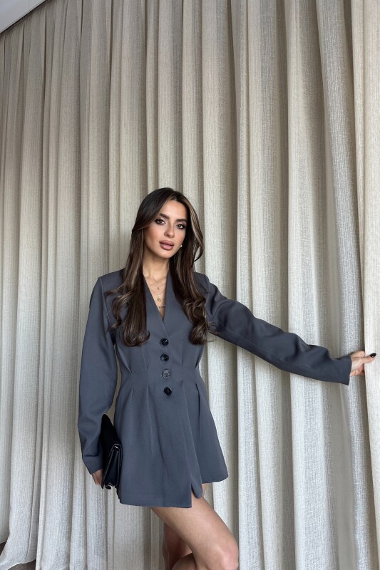 Belden Oturtmalı Düğmeli Blazer Ceket - Gri - 3