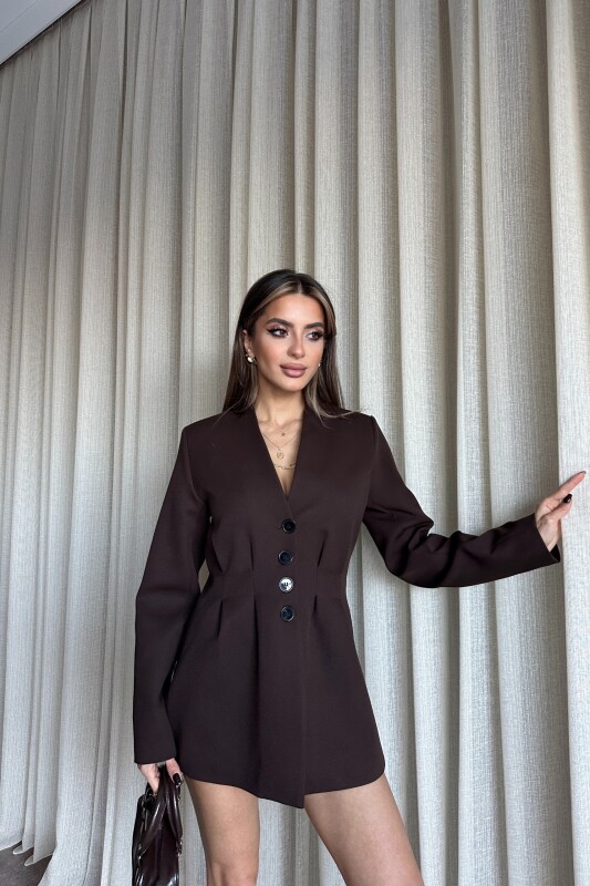 Belden Oturtmalı Düğmeli Blazer Ceket - Kahve - 1