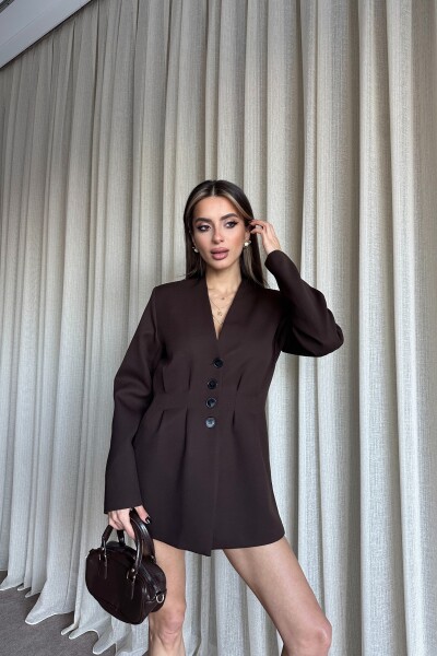 Belden Oturtmalı Düğmeli Blazer Ceket - Kahve - 3