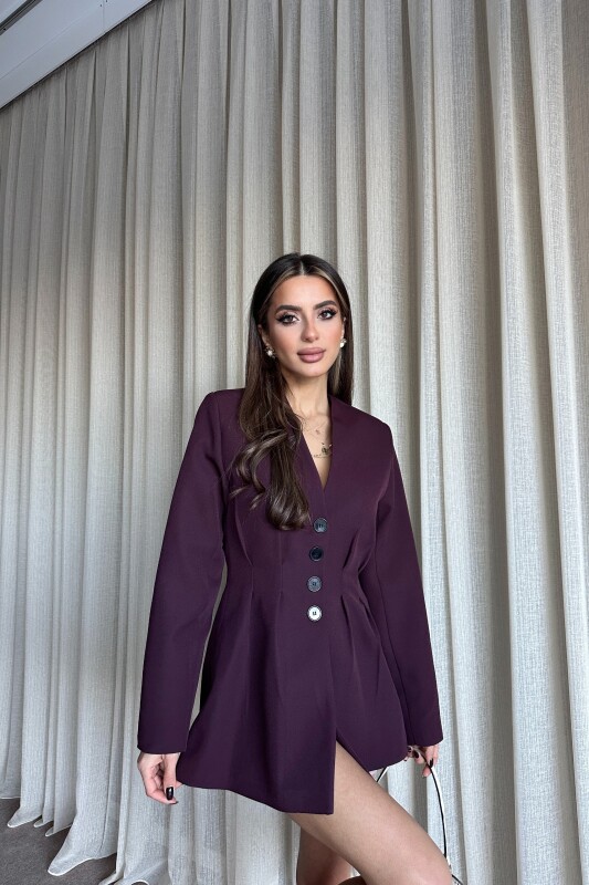 Belden Oturtmalı Düğmeli Blazer Ceket - Mürdüm - 2