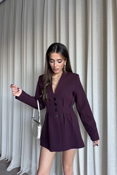 Belden Oturtmalı Düğmeli Blazer Ceket - Mürdüm - 3