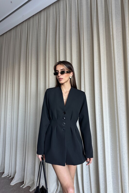 Belden Oturtmalı Düğmeli Blazer Ceket - Siyah - 1