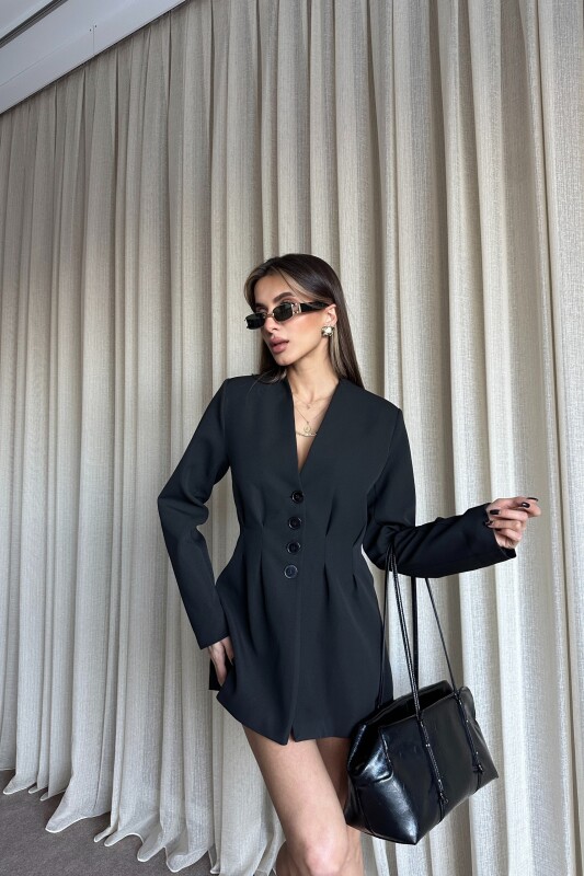 Belden Oturtmalı Düğmeli Blazer Ceket - Siyah - 2