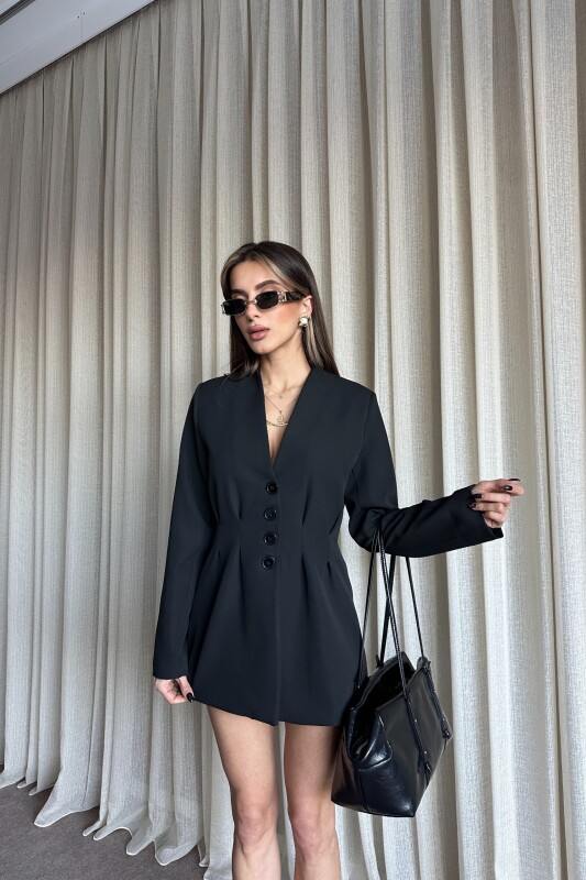 Belden Oturtmalı Düğmeli Blazer Ceket - Siyah - 3