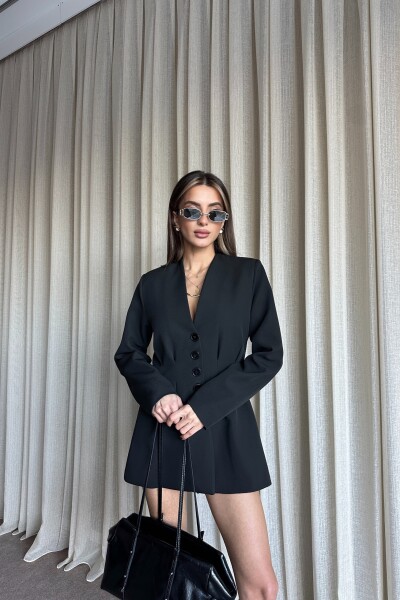 Belden Oturtmalı Düğmeli Blazer Ceket - Siyah - 4
