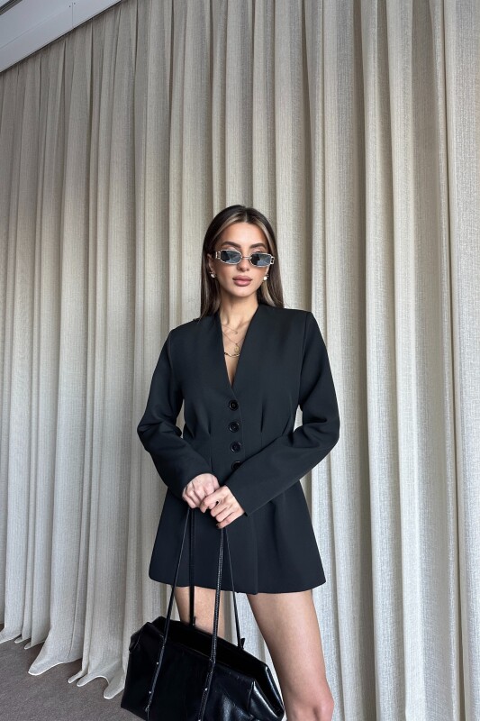 Belden Oturtmalı Düğmeli Blazer Ceket - Siyah - 4