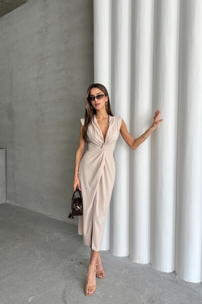 Beli Düğüm Detaylı Yırtmaçlı Elbise - Krem - MAT Collection